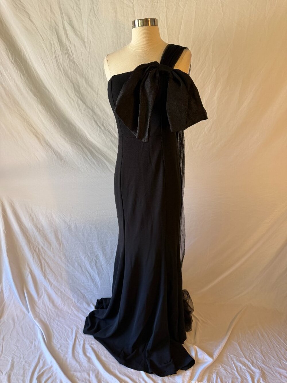 Floor Length Black Formal with Draping Tulle Bow on One Shoulder